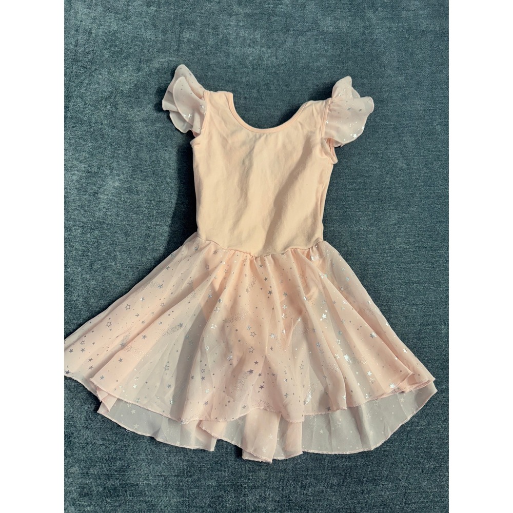 Girls Peach Pink Star Foil Tulle Ballet Leotard Dress Size Small